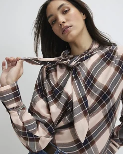 Pink Check Print Long Sleeve Blouse
