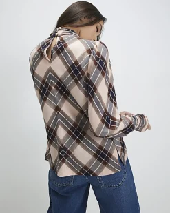 Pink Check Print Long Sleeve Blouse