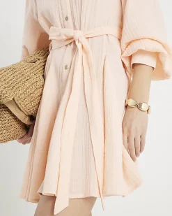Pink Cotton Belted Mini Shirt Dress