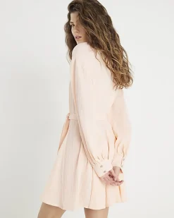 Pink Cotton Belted Mini Shirt Dress