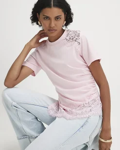 Pink Cotton Short Sleeve Lace Aysmmetric Top