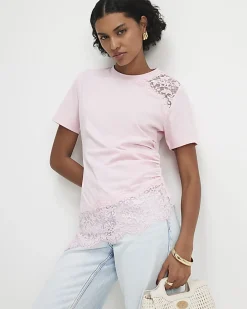 Pink Cotton Short Sleeve Lace Aysmmetric Top