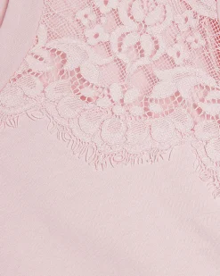 Pink Cotton Short Sleeve Lace Aysmmetric Top