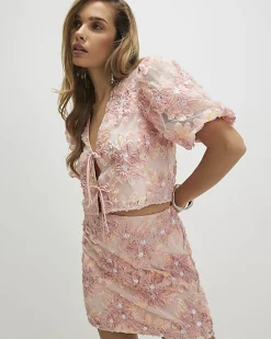 Pink 3D Floral Textured Puff Sleeve Top