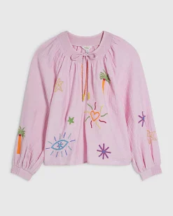Pink Embroidered Conversational Print Shirt