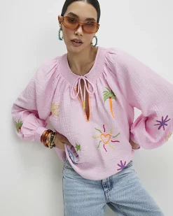 Pink Embroidered Conversational Print Shirt