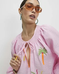 Pink Embroidered Conversational Print Shirt