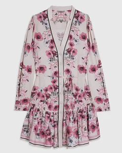 Pink Floral Long Sleeve Mini Shirt Dress