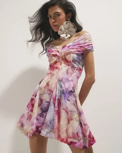 Pink Floral Print Bardot Mini Dress