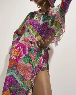 Pink Floral Printed Ruffle Beach Maxi Skirt