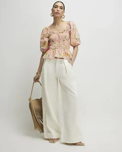 Pink Floral Puff Sleeve Shirred Top