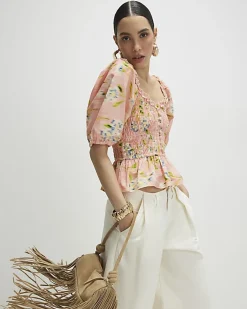 Pink Floral Puff Sleeve Shirred Top