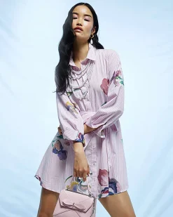 Pink Floral Stripe Shirt Dress