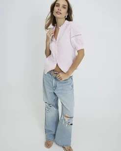 Pink Frill Collar Short Sleeve Blouse