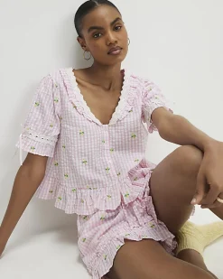 Pink Gingham Daisy Print Pyjama Set