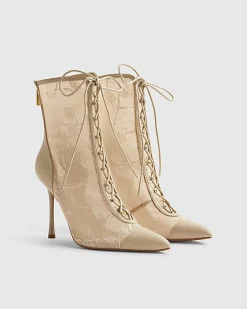 Pink Lace Pointed Toe Heeled Ankle Boots