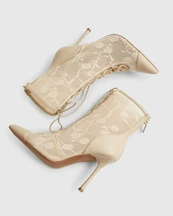 Pink Lace Pointed Toe Heeled Ankle Boots