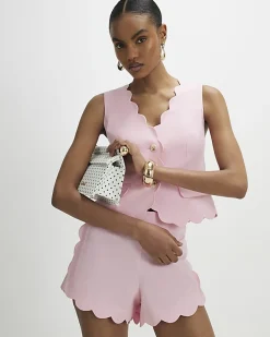 Pink Linen Blend Scallop Trim Waistcoat