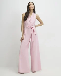 Pink Linen Blend Scallop Trim Jumpsuit