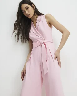 Pink Linen Blend Scallop Trim Jumpsuit