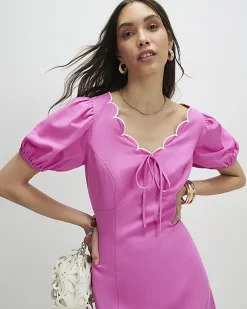 Pink Linen Blend Scallop Trim V Neck Dress