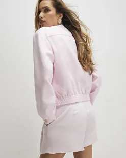 Pink Linen Blend Tailored Bomber Jacket