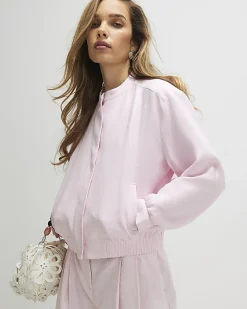 Pink Linen Blend Tailored Bomber Jacket
