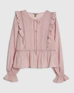 Pink Long Sleeve Lace Insert Blouse