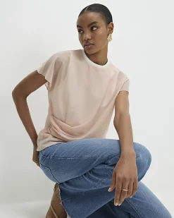 Pink Mesh Twisted Drape Top