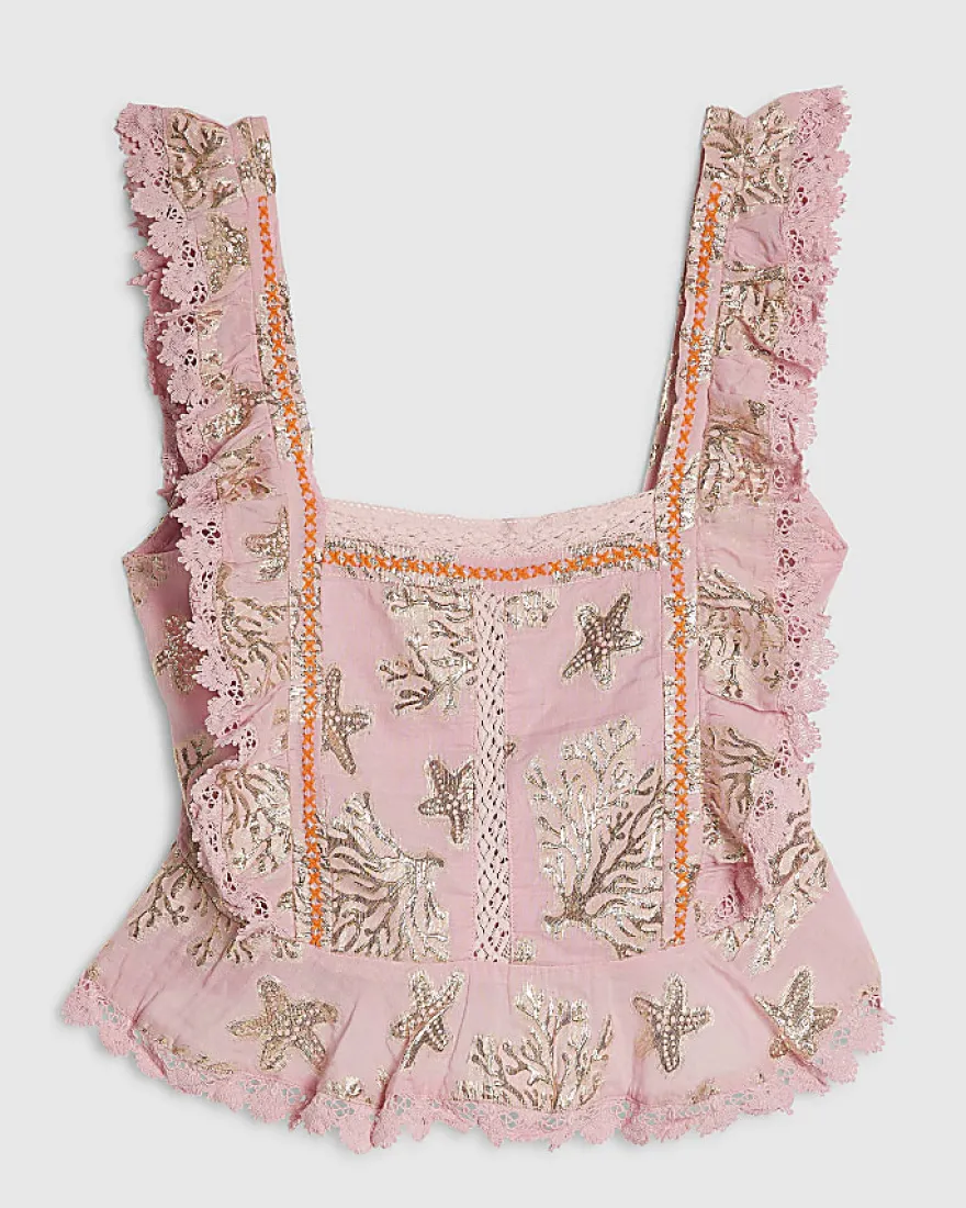 Pink Metallic Coral Print Ruffle Blouse