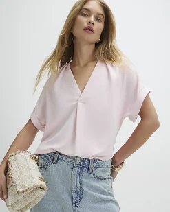 Pink Notch Neck Woven T-shirt