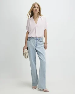 Pink Notch Neck Woven T-shirt