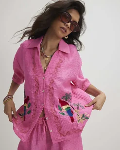Pink Parrot Embroidered Broderie Top