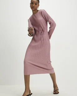 Pink Plisse Belted Midi Dress