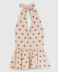 Pink Polka Dot Halter Neck Peplum Top