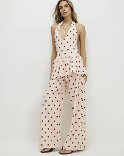 Pink Polka Dot Halter Neck Peplum Top
