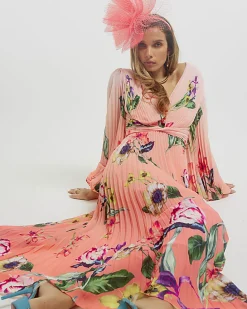 Pink Premium Plisse Floral Midi Dress