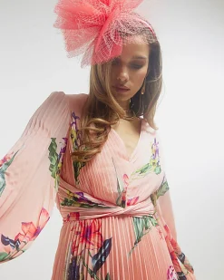 Pink Premium Plisse Floral Midi Dress