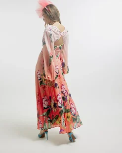 Pink Premium Plisse Floral Midi Dress