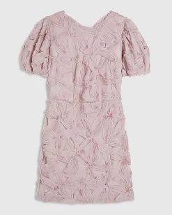 Pink Puff Sleeve 3D Floral Mini Dress