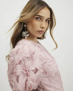 Pink Puff Sleeve 3D Floral Mini Dress