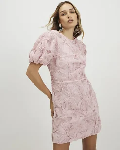 Pink Puff Sleeve 3D Floral Mini Dress