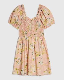 Pink Puff Sleeve Floral Shirred Mini Dress