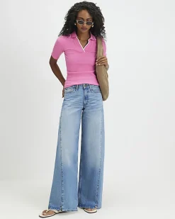 Pink Ribbed Polo Top