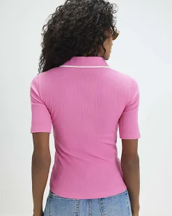 Pink Ribbed Polo Top
