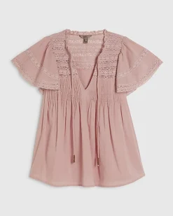 Pink Ruffle Sleeve Lace Blouse