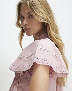 Pink Ruffle Sleeve Lace Blouse