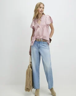 Pink Ruffle Sleeve Lace Blouse