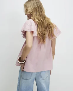 Pink Ruffle Sleeve Lace Blouse