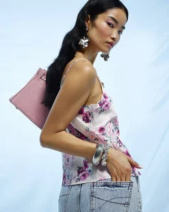 Pink Satin Floral Scallop Trim Cami Top
